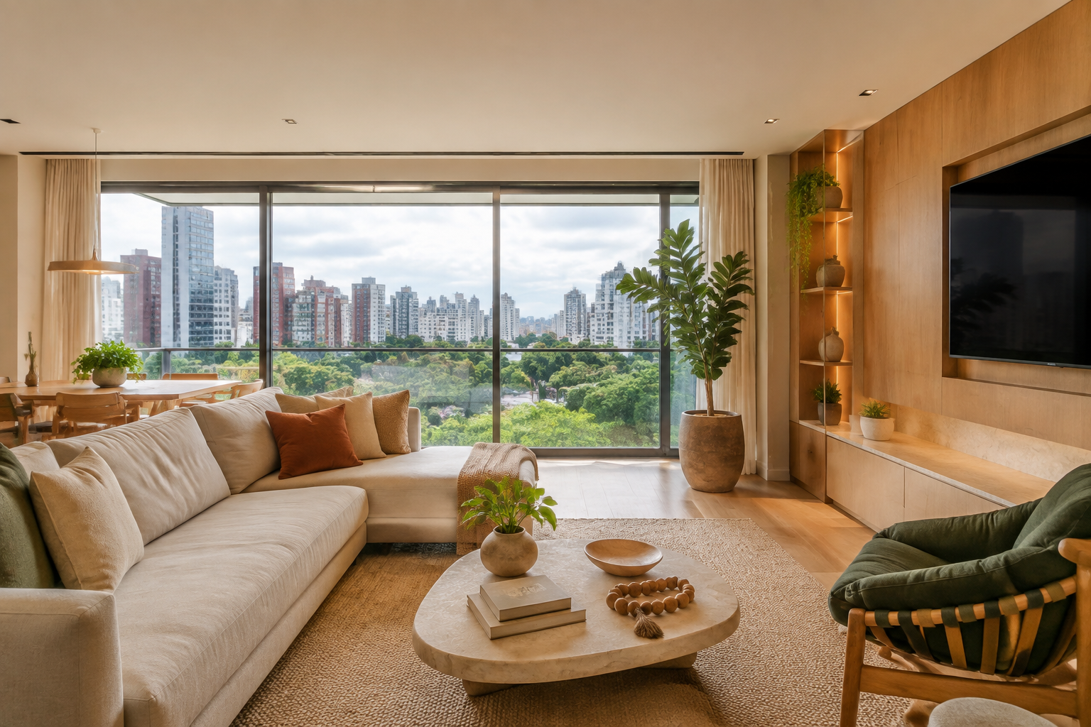 Sala contemporânea de apartamento no Batel